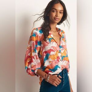 Maeve Pastoral Watercolor Long-Sleeve Blouse - Size XS